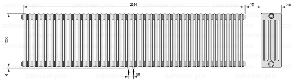 Схема (чертеж) Радиатор Zehnder Charleston 6120/49 №3470 Белый глянцевый RAL 9016